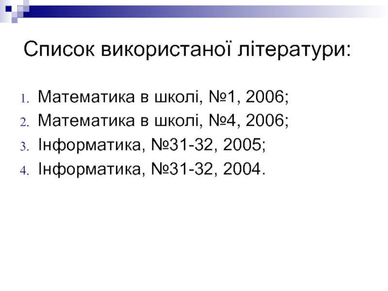 Список використаної літератури:Математика в школі, №1, 2006;Математика в школі, №4, 2006;Інформатика, №31-32, 2005;Інформатика, №31-32, 2004.