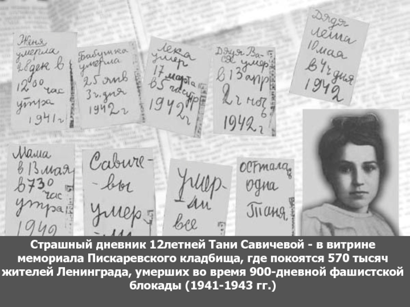 Страшный дневник 12летней Тани Савичевой - в витрине мемориала Пискаревского кладбища,