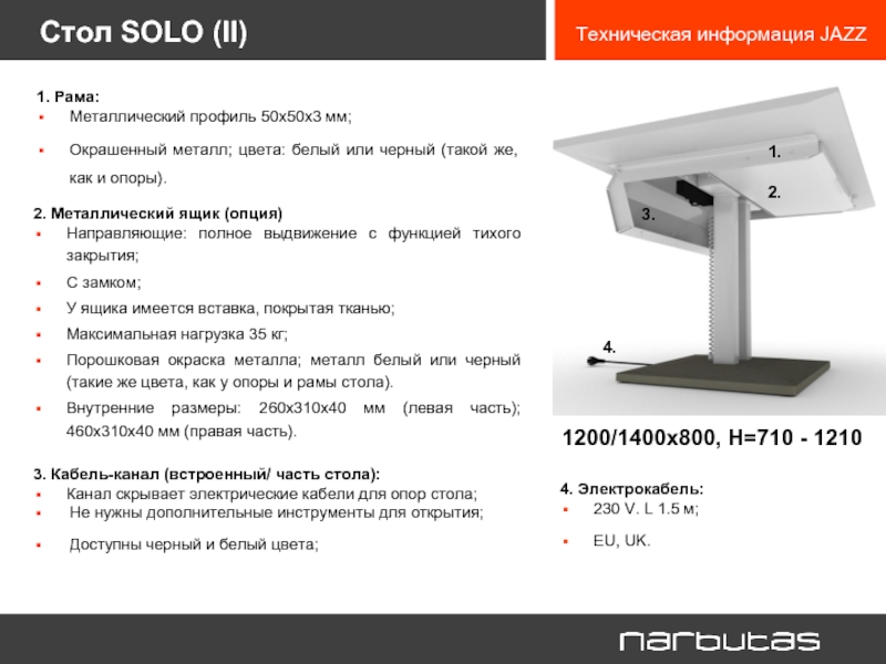 Стол SOLO (II)2. Металлический ящик (опция)Направляющие: полное выдвижение с функцией тихого