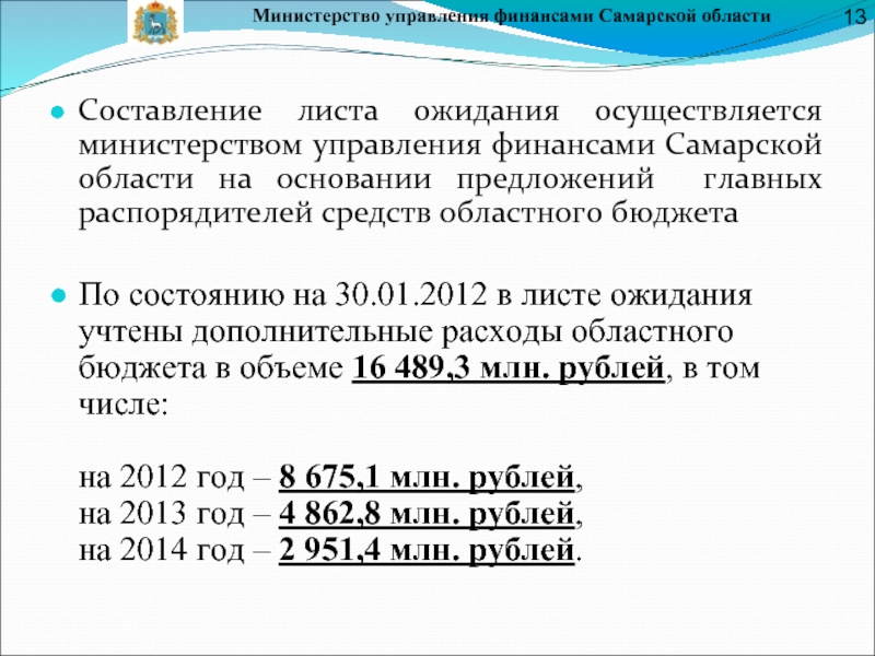 Министерство управления финансами Самарской областиСоставление листа ожидания осуществляется министерством управления финансами