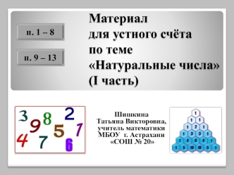 п. 1. Обозначение натуральных чисел 5 5 6 6 п.2. Отрезок. Длина отрезка. Треугольник 54 54 56 56 п. 3. Плоскость. Прямая. Луч 84 84 85 93 85 93 п. 4.