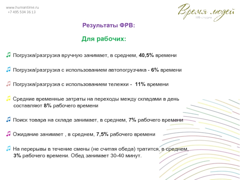 www.humantime.ru +7 495 504 36 13Результаты ФРВ:Для рабочих:♫ Погрузка/разгрузка вручную занимает,