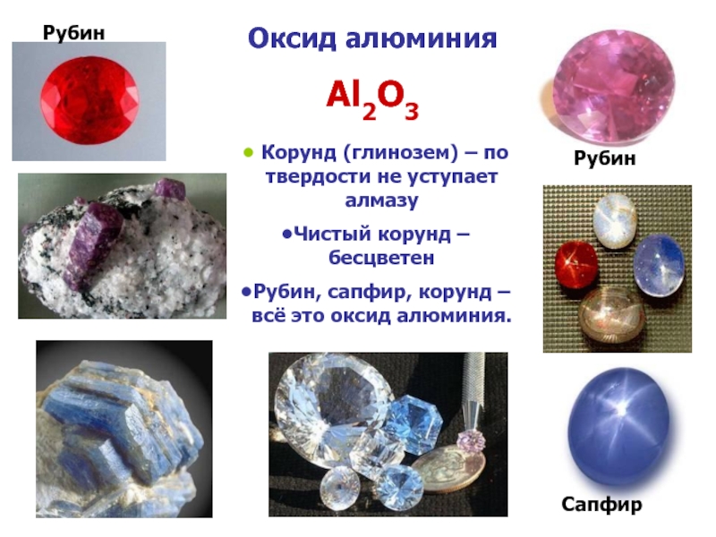 Оксид алюминия  Al2O3РубинРубинСапфир Корунд (глинозем) – по твердости не уступает