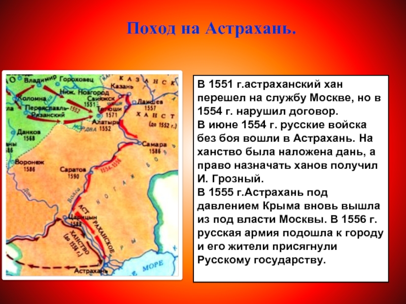 Поход на Астрахань.В 1551 г.астраханский хан перешел на службу Москве, но