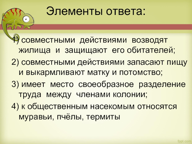 Элементы ответа: 
  1) совместными действиями возводят жилища и защищают его обитателей;  2) совместными действиями