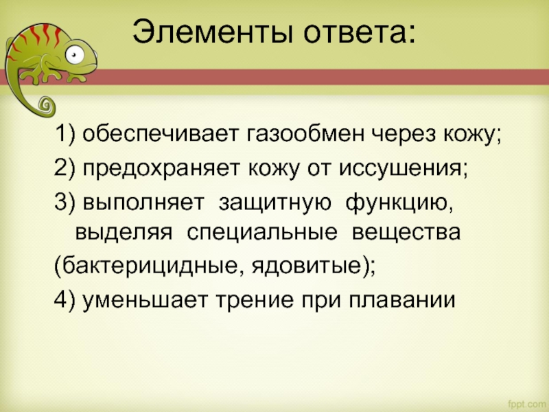 Элементы ответа: 
  1) обеспечивает газообмен через кожу;  2) предохраняет кожу от иссушения;  3)