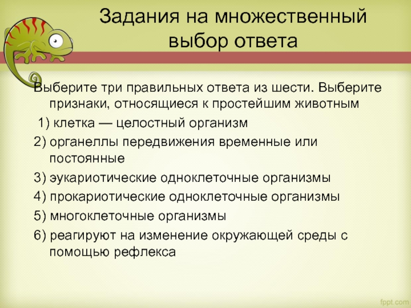 Задания на множественный выбор ответа Выберите три правильных ответа из шести. Выберите признаки, относящиеся к простейшим животным