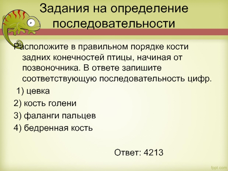 Задания на определение последовательности Расположите в правильном порядке кости задних конечностей птицы, начиная от позвоночника. В ответе