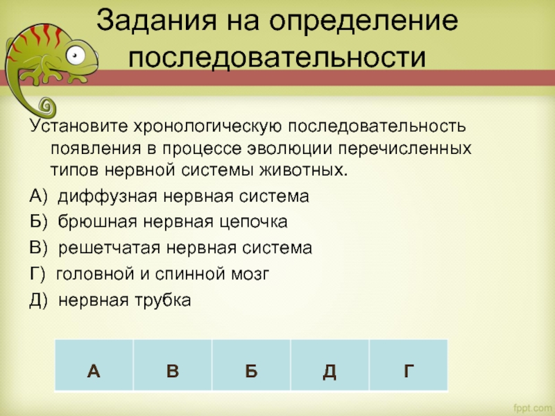 Задания на определение последовательности Установите хронологическую последовательность появления в процессе эволюции перечисленных типов нервной системы животных. А)