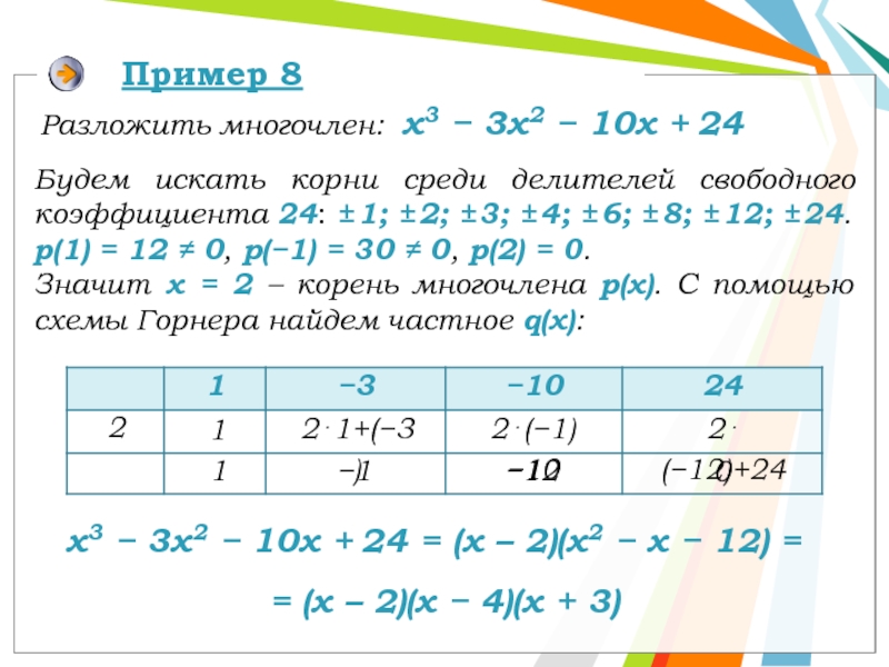 Пример 8х3 − 3х2 − 10х + 24 = (х –