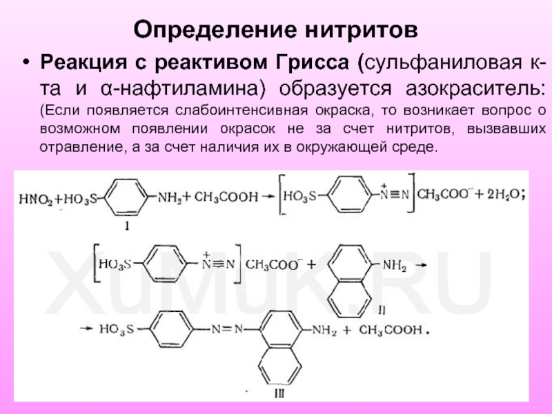 Определение нитритовРеакция с реактивом Грисса (сульфаниловая к-та и α-нафтиламина) образуется азокраситель: