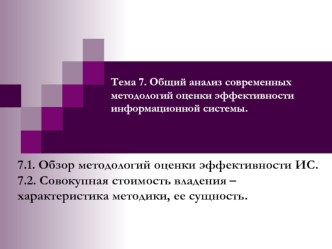 7.1. Обзор методологий оценки эффективности ИС.  
7.2. Совокупная стоимость владения – характеристика методики, ее сущность.