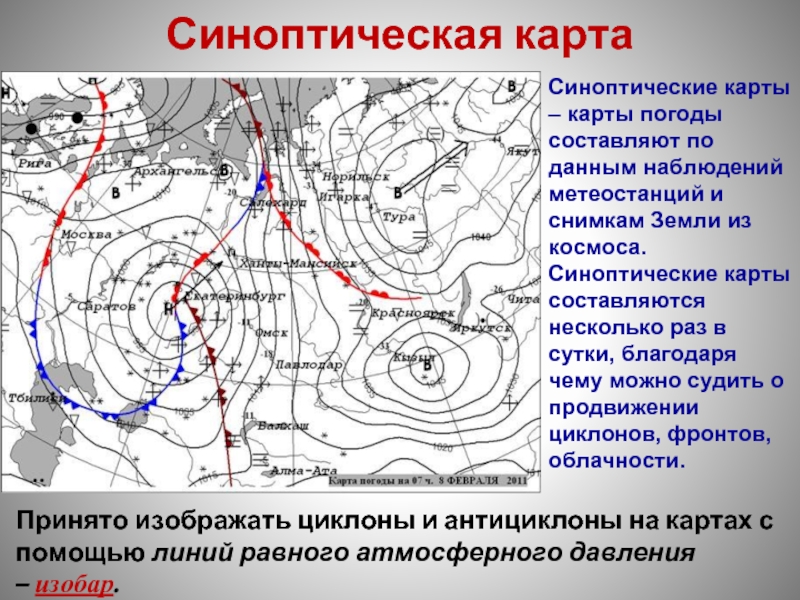 Карта погоды с циклонами и антициклонами