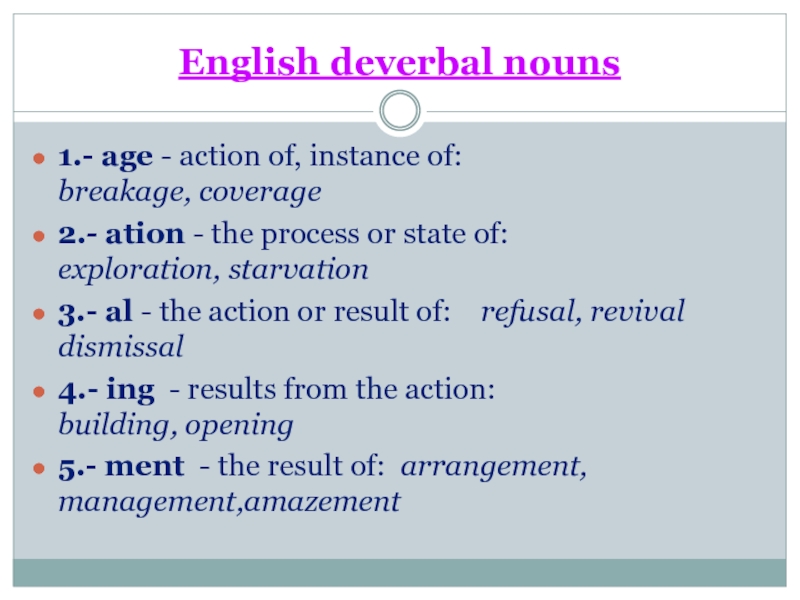 English deverbal nouns1.- age - action of, instance of: