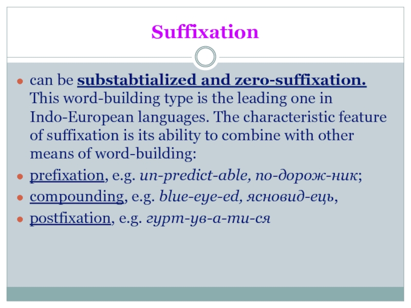 Suffixationcan be substabtialized and zero-suffixation. This word-building type is the leading