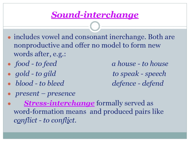 Sound-interchangeincludes vowel and consonant inerchange. Both are nonproductive and offer no