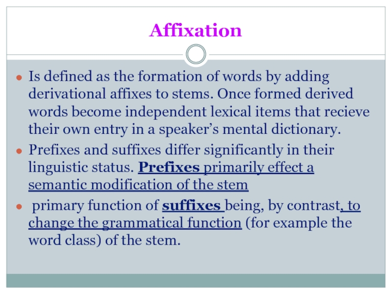 AffixationIs defined as the formation of words by adding derivational affixes