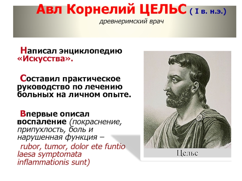 Авл Корнелий ЦЕЛЬС ( I в. н.э.) древнеримский врач 	Написал энциклопедию