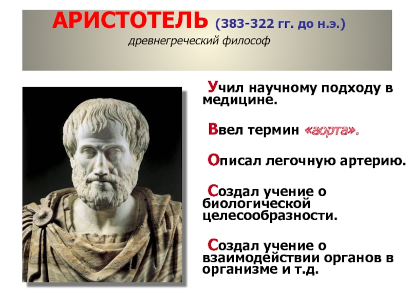 АРИСТОТЕЛЬ (383-322 гг. до н.э.) древнегреческий философ 	Учил научному подходу в