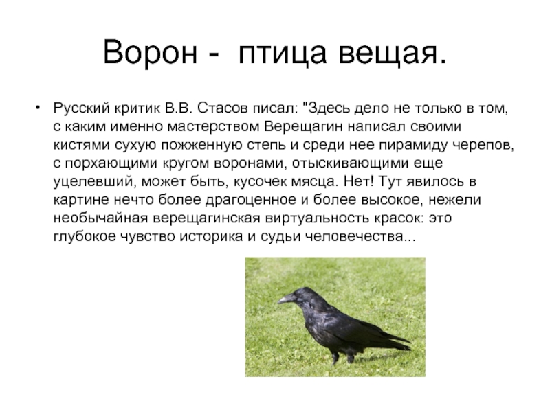 Ворон - птица вещая.Русский критик В.В. Стасов писал: 