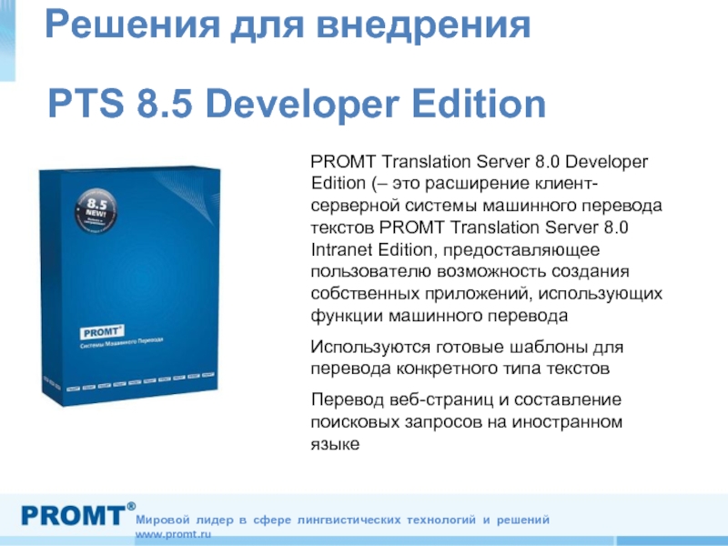 Решения для внедрения PTS 8.5 Developer EditionPROMT Translation Server 8.0 Developer