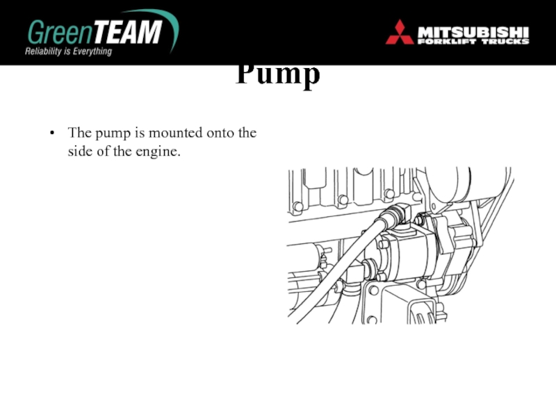 PumpThe pump is mounted onto the side of the engine.