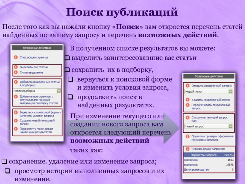 Найти публикацию. Примеры условий запроса. План электронной презентации или реферативного сообщения. Как выполнить запрос с условием. Поиск по публикации позволяет найти подборку статей:.