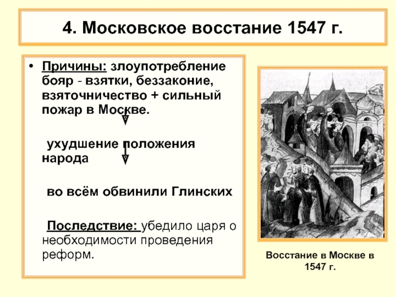 4. Московское восстание 1547 г.Причины: злоупотребление бояр - взятки, беззаконие, взяточничество