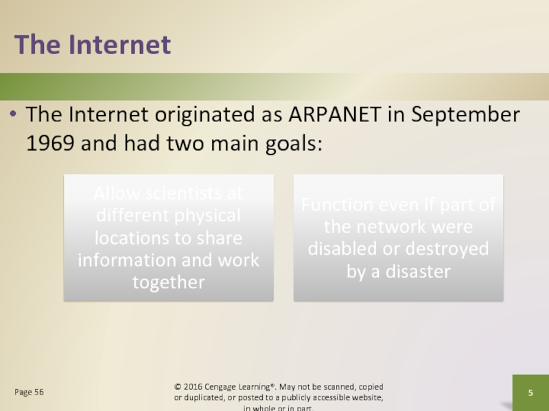 The InternetThe Internet originated as ARPANET in September 1969 and had