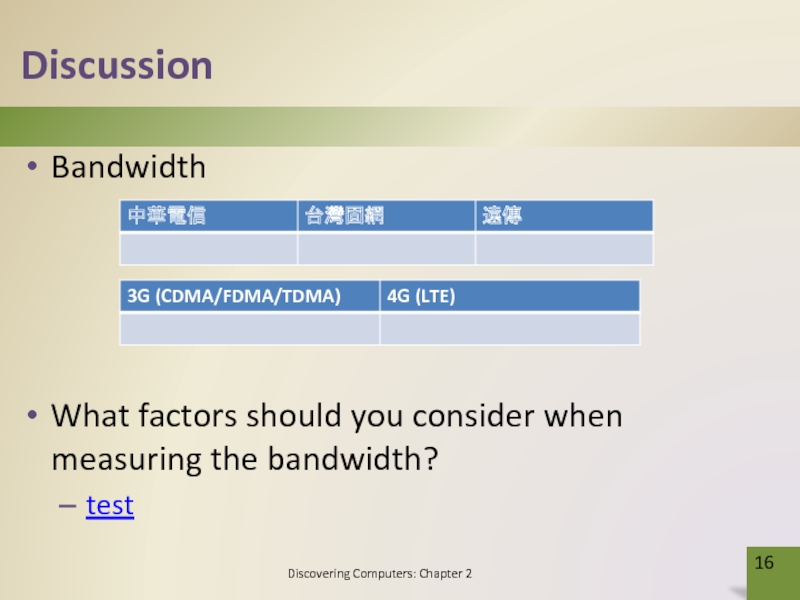 DiscussionBandwidthWhat factors should you consider when measuring the bandwidth?testDiscovering Computers: Chapter 2