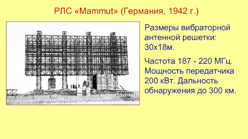 РЛС «Mammut» (Германия, 1942 г.)Размеры вибраторной антенной решетки: 30x18м.Частота 187 -