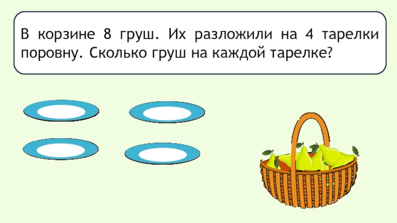 Делящий поровну. Сколько груш. 8 Груш в корзине. На каждой тарелке по 3 груши сколько груш на 4 тарелках. Сколько груш в каждой корзине.