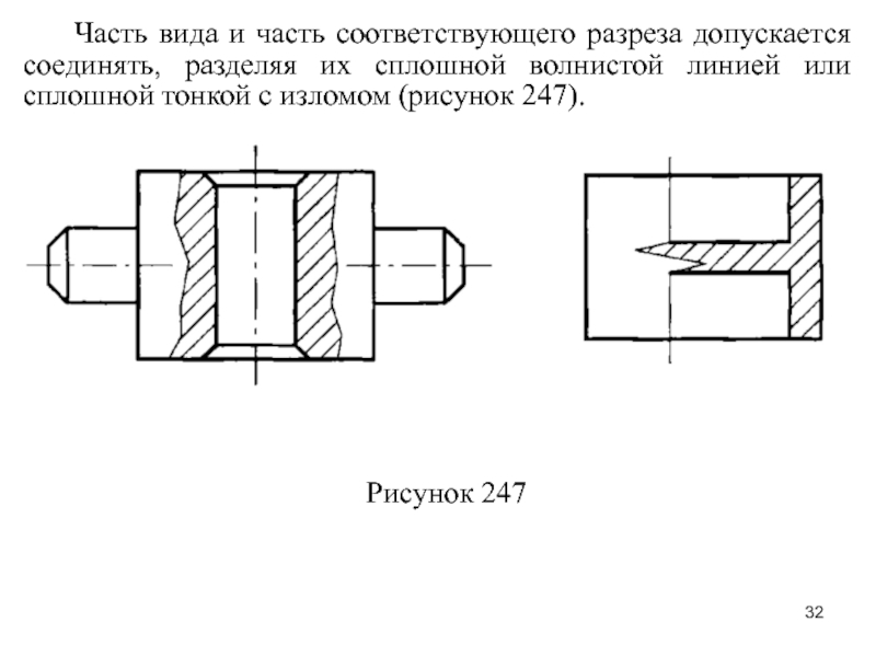 Вид части. Часть вида и часть разреза допускается соединять. Волнистая линия на чертеже разрез. Допускается соединять часть вида с частью разреза, разделяя их. Линия излома разреза на чертеже.