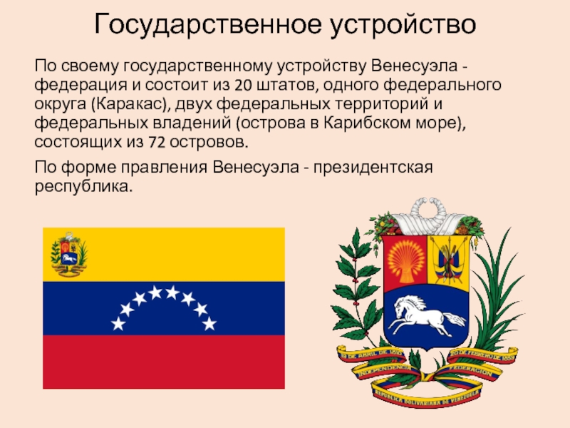 Государственное устройствоПо своему государственному устройству Венесуэла - федерация и состоит из