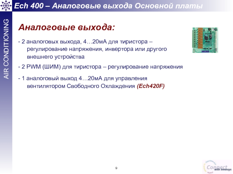 Аналоговые выхода: - 2 аналоговых выхода, 4…20мА для тиристора – регулирование напряжения,