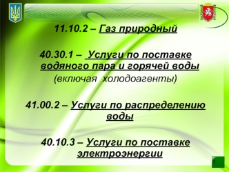 11.10.2 – Газ природный 

40.30.1 –  Услуги по поставке водяного пара и горячей воды
(включая  холодоагенты)

41.00.2 – Услуги по распределению воды

40.10.3 – Услуги по поставке электроэнергии