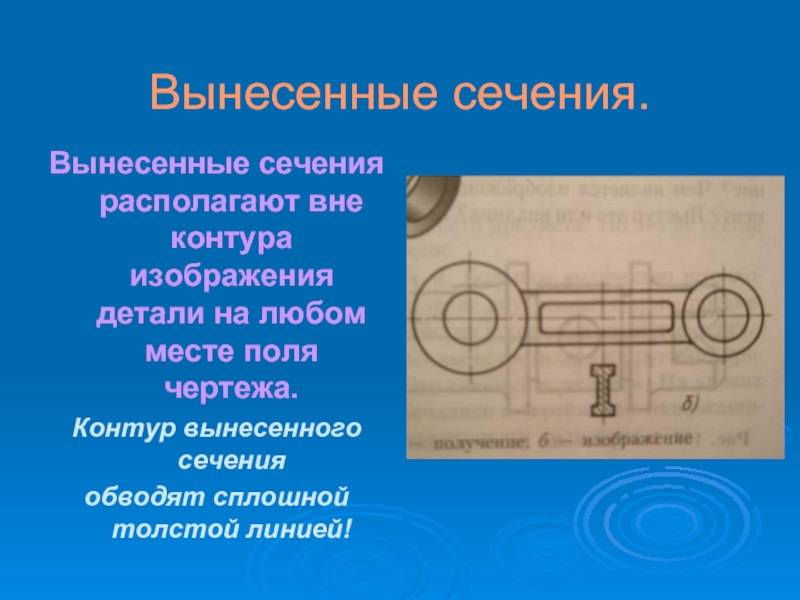 Линия контура сечения. Вынесенное сечение. Вынесенное сечение располагается. Контур наложенного сечения. Наложенное сечение на чертеже обводится.