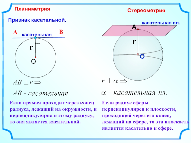 Радиус плоскости. Касательная плоскость к сфере. Признак касательной плоскости. Свойство касательной плоскости. Теорема о касательной к сфере.