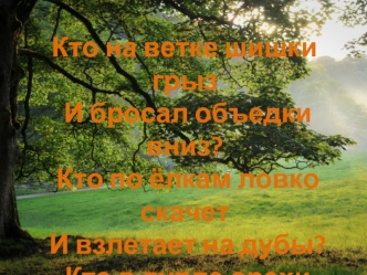 Кто на ветке шишки грыз И бросал объедки вниз? Кто по ёлкам ловко скачет И взлетает на дубы? Кто в дупле орехи прячет, Сушит на зиму грибы?