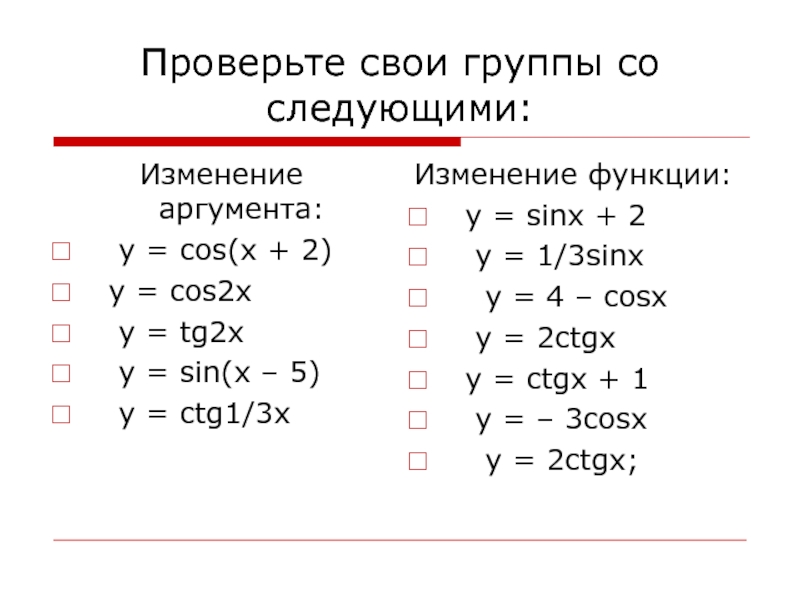Проверьте свои группы со следующими: Изменение аргумента:   y = cos(x