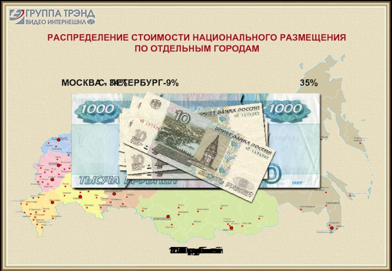 РАСПРЕДЕЛЕНИЕ СТОИМОСТИ НАЦИОНАЛЬНОГО РАЗМЕЩЕНИЯ ПО ОТДЕЛЬНЫМ ГОРОДАМ1000 рублей35%650 рублейМОСКВА - 34%310 рублейС. ПЕТЕРБУРГ-9%220 рублей