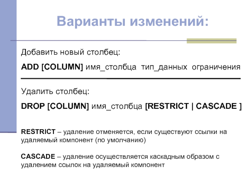 Варианты изменения. Определение данных. Операторы определения данных определение. Имя столбца. Операторы определенных данных.