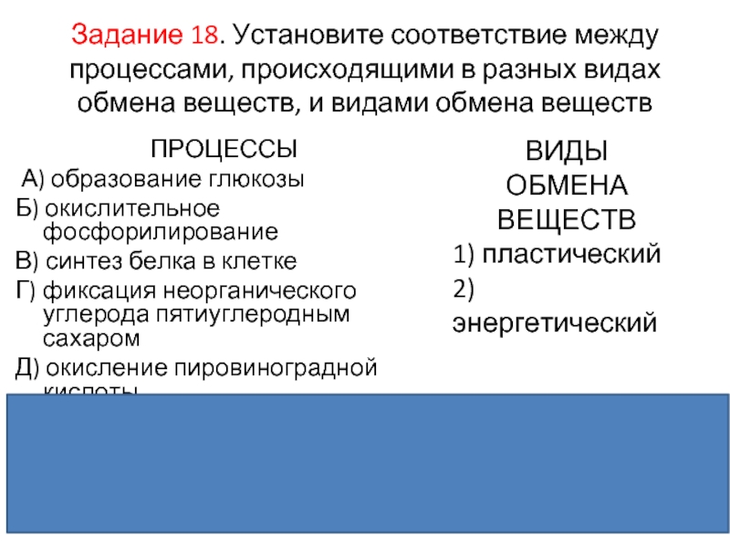 Соответствие между признаками обмена веществ