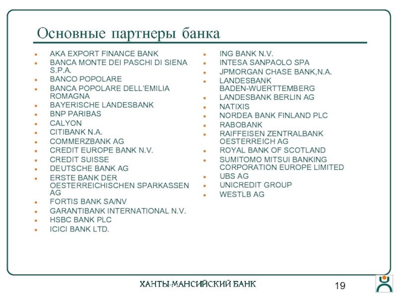 Основные партнеры банка AKA EXPORT FINANCE BANK BANCA MONTE DEI PASCHI DI