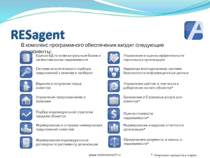 RESagent В комплекс программного обеспечения входят следующие компоненты:  * - Компонент находится в стадии разработки www.realestatesoft.ru