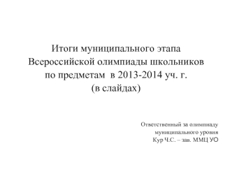 Итоги муниципального этапа 
Всероссийской олимпиады школьников 
по предметам  в 2013-2014 уч. г. 
(в слайдах) 


Ответственный за олимпиаду 
муниципального уровня 
Кур Ч.С. – зав. ММЦ УО