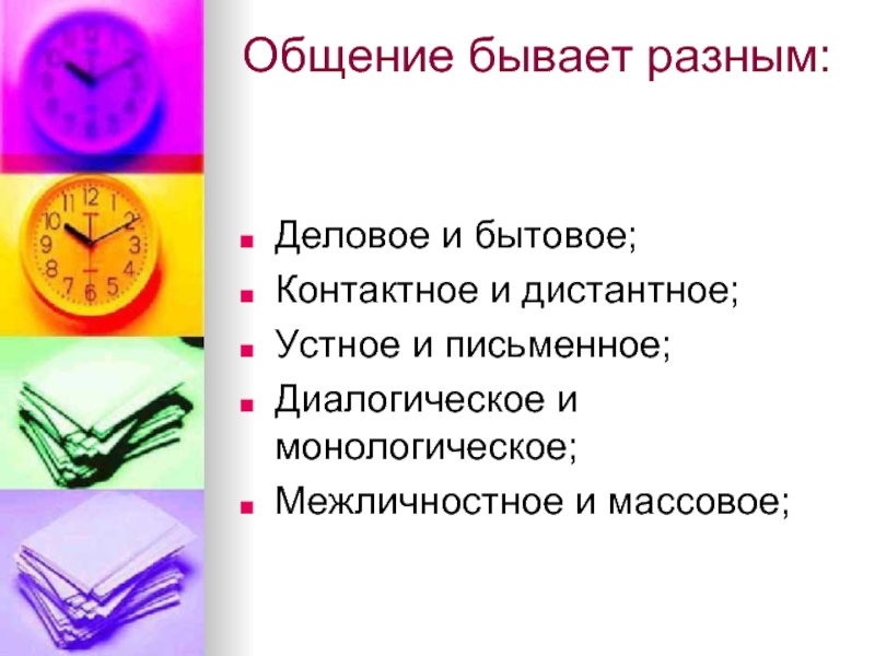 Существует общение. Общение бывает. Контактное и Дистантное общение. Общение бывает разным. Деловое общение бывает устное и письменное.