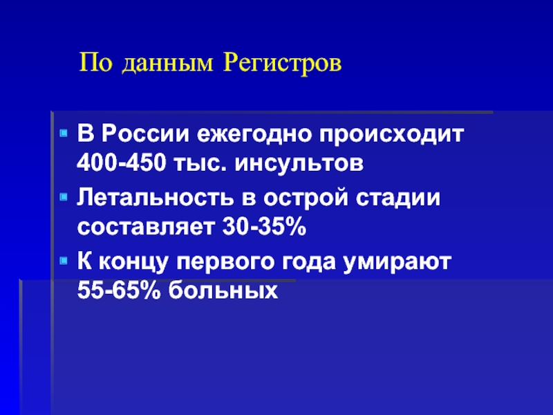 По данным Регистров В России ежегодно происходит 400-450 тыс. инсультовЛетальность в