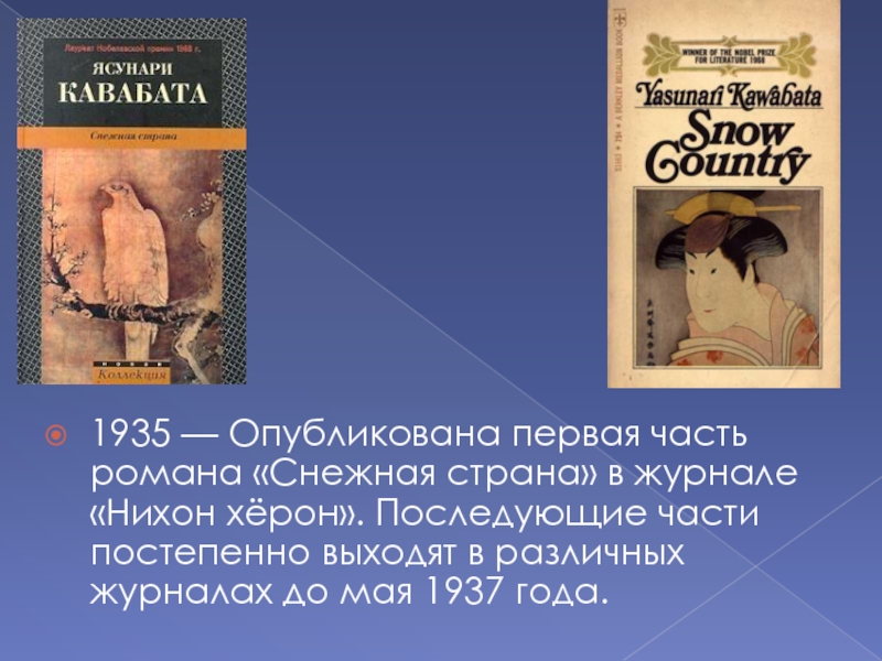 1935 — Опубликована первая часть романа «Снежная страна» в журнале «Нихон хёрон». Последующие