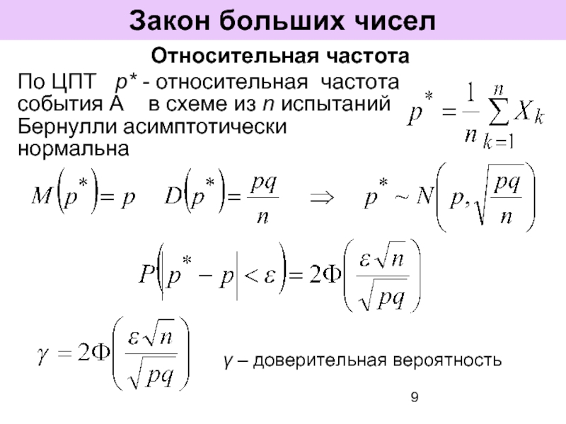 Закон больших чисел и Центральная предельная теорема. Закон больших чисел для схемы Бернулли. Относительная частота схеме Бернулли. Закон больших чисел Центральная предельная теорема реферат.